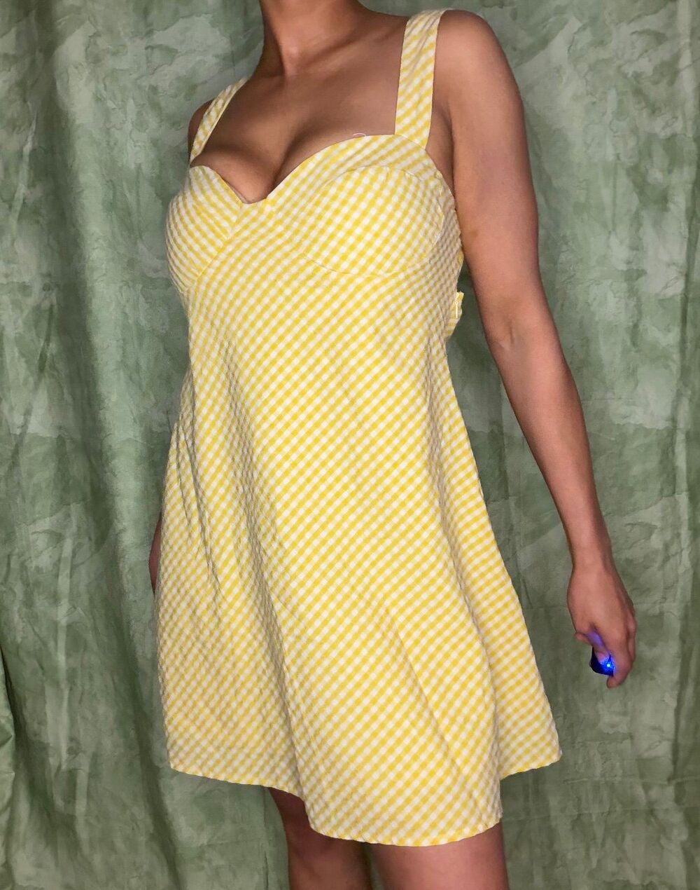 Yellow and White Checkered Backless Mini Dress
